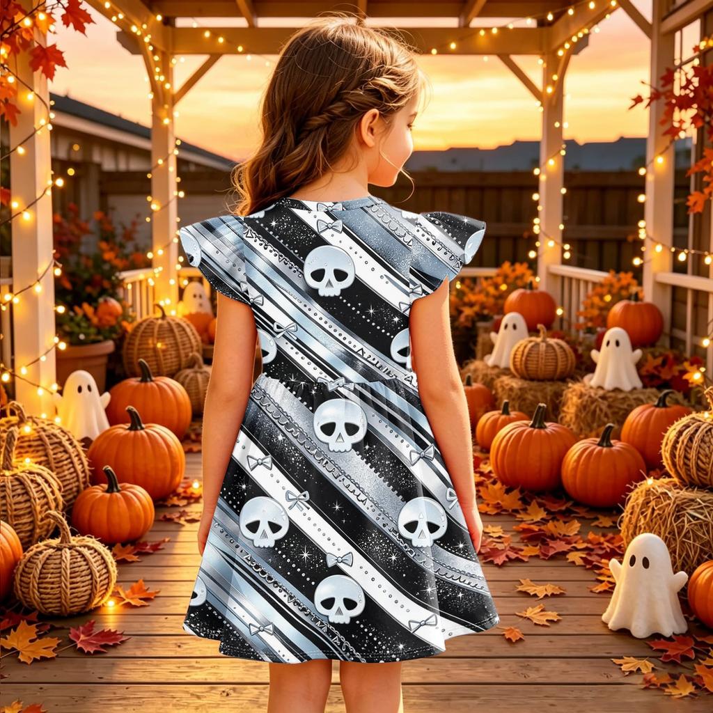 Kids Halloween Printed Dress with Sleeve Casual Party Dress for Girls