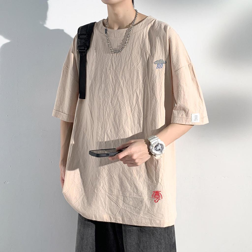 Men's Summer Cotton-Linen Short-Sleeve Chinese Style Embroidered Casual T-Shirt