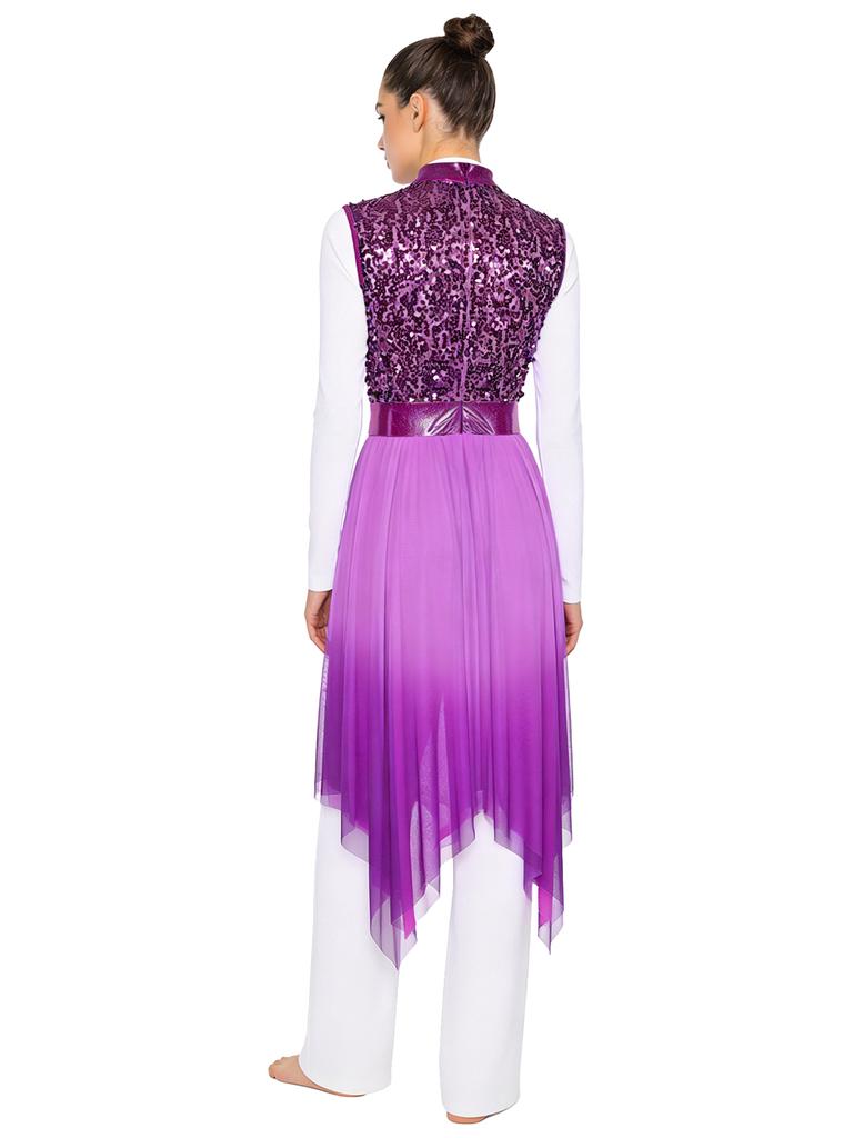 Womens Worship Praise Dance Dress Shiny Sequine Sleeveless Bodice Gradient Mesh Irregular Hem Lyrical Costume