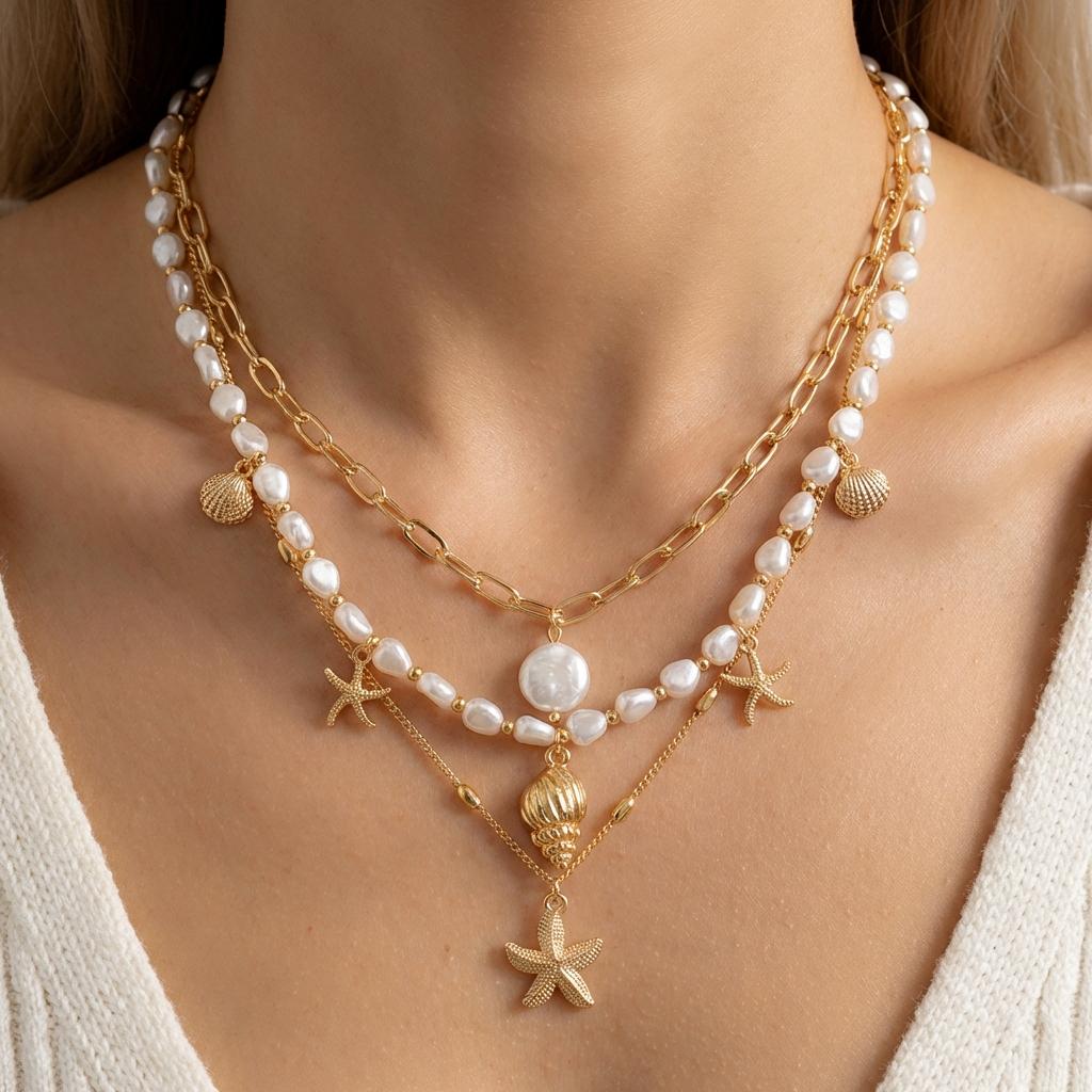 Bohemian Double Layer Seashell Necklaces For Women Handmade White Rice Beads Shell Short Collar Choker Beach Party Neck Zircon