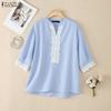 ZANZEA Women Casual Lace Patchwork V-Neck 3/4 Sleeve Blouse