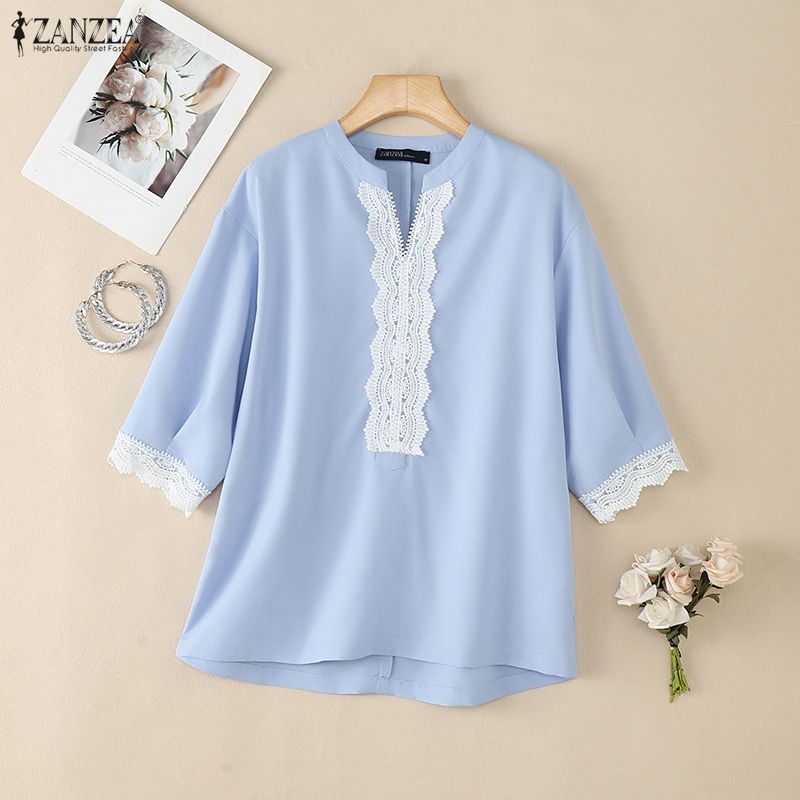 ZANZEA Women Casual Lace Patchwork V-Neck 3/4 Sleeve Blouse