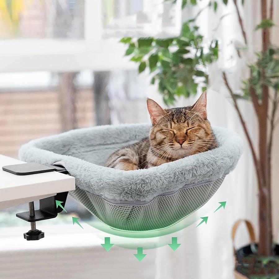 One-Click Folding Semi-Circular Cat Desk Hammock, Space Saving Sunken Design Cat Bed Perch for Indoor Home Office Kitten Rest