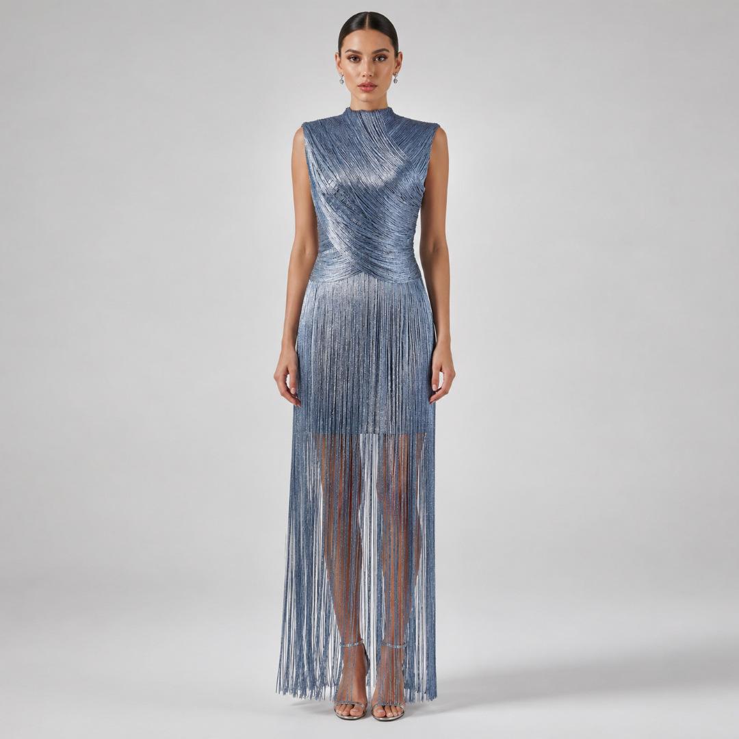 Women Sleeveless Mock Neck Fringe Maxi Dress High Slit Elegant Party Evening Dress XL