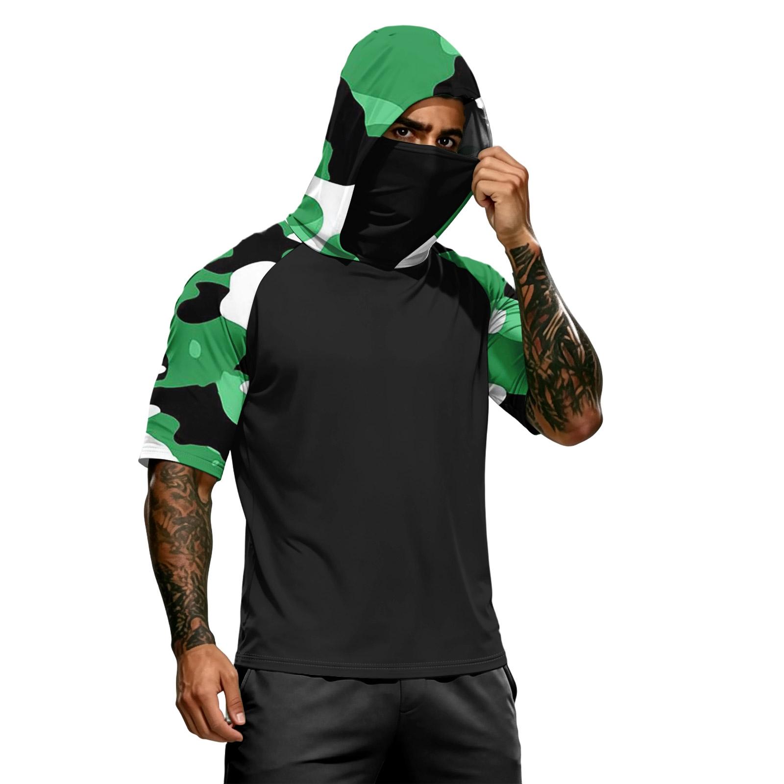 Men s Summer Camouflage Gradient Drying Short-sleeved T-shirt, Sun Clothing, Fishing, Fitness, Sports, Hooded Short-sleeved Shirt L