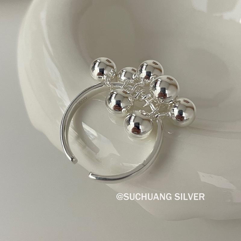 Su Chuang Women s S925 Sterling Silver Grape Cluster Bead Ring - Niche Design High-End Style for Index Finger Adjustable Open серебристый (5,2 г)