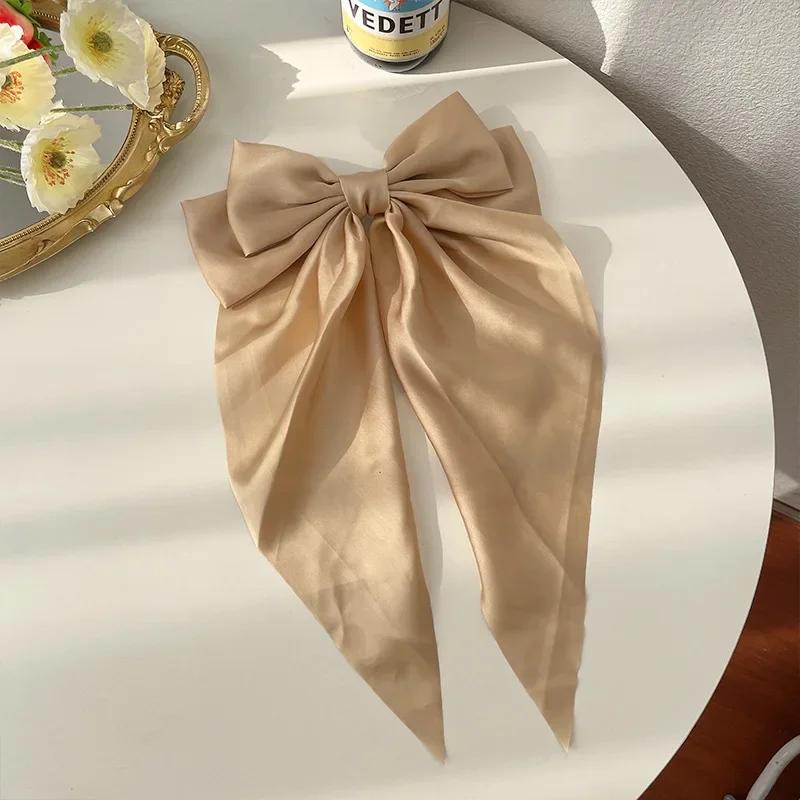 Korean Accessories Hair Clips for Women Girls Big Bowknot Solid Satin Long Ribbon Bows Spring Clamp Barette Cheveux Femme 2026