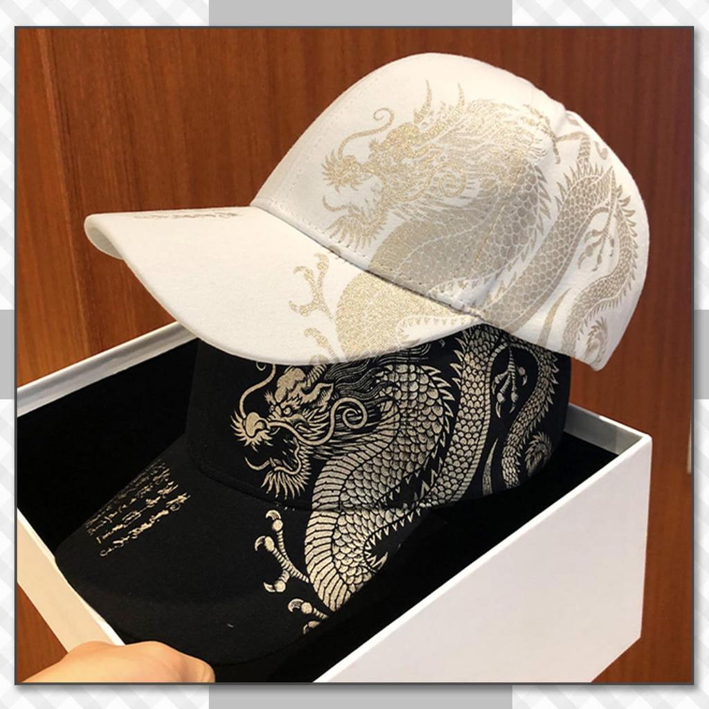 Chrome Crane Men's Black Dragon Cap with Kanji Print, Embroidered Design, and Brim, Street Style, CB344