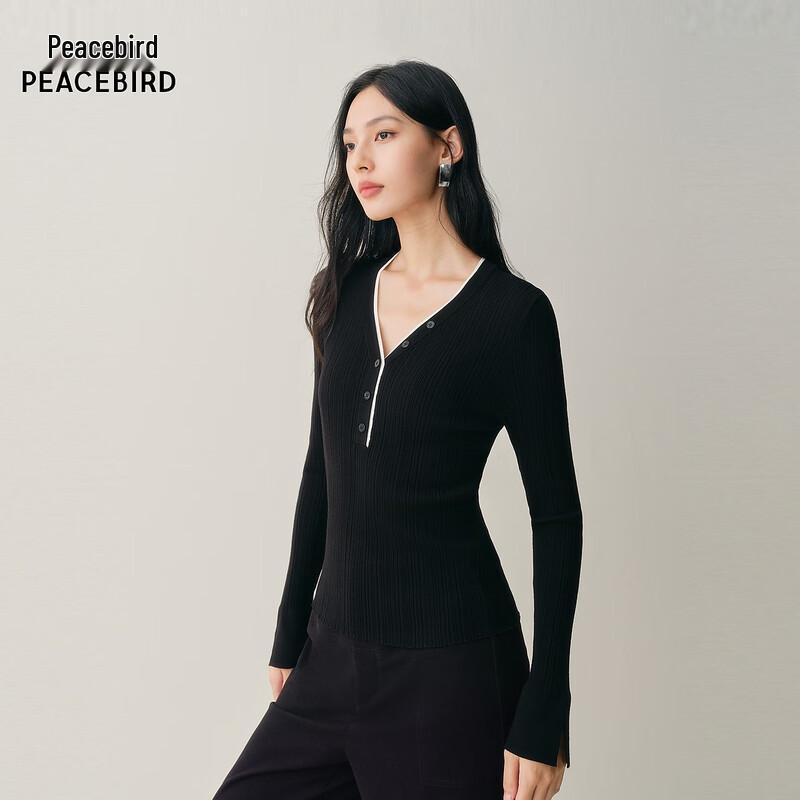 PEACEBIRD Women's V-neck Color-block Slim-fit Knit Top