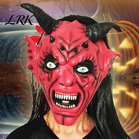 Scary Demon Mask with Horns Halloween Satan Devil Mask, Realistic Full Head Latex Costume Long Satanic Cosplay Props And Fangs, Party for Haunted
