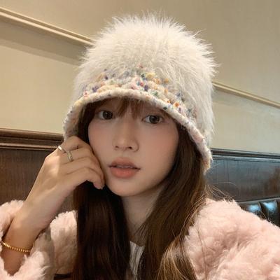 Chapeau bob tricoté en peluche pour femmes automne et hiver, assorti de couleurs, polyvalent, couvrant le visage, chapeau bob thermique protège-oreilles en laine