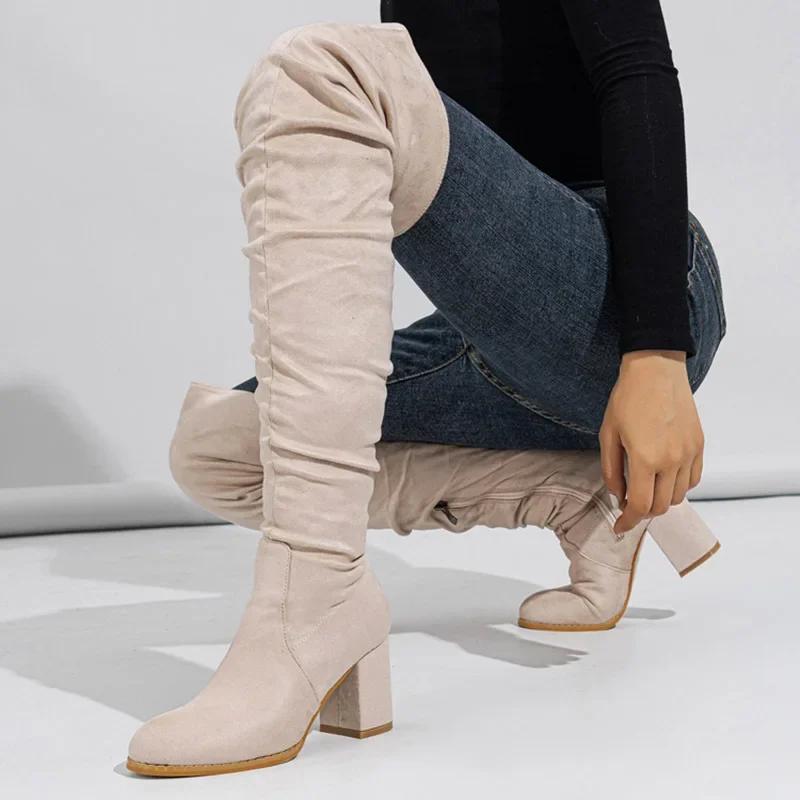 

Knee over Boots 2025 Soft Face Natural Wrinkle Coarse Heel Outdoor Street Platform Women s Boots Size 35-42 42 абрикосовый