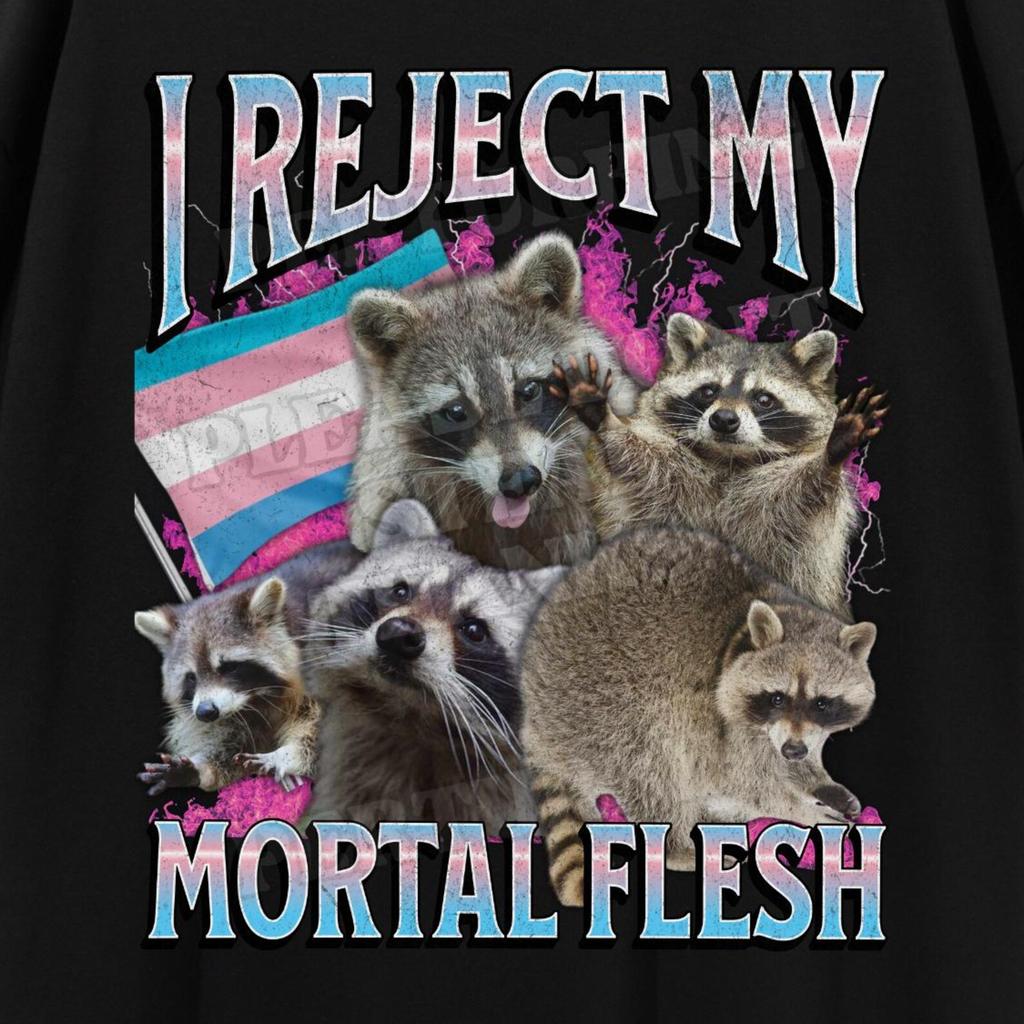I Reject My Mortal Flesh Funny Raccoon Meme Bootleg Graphic T shirt, Trans Shirt, Unhinged, Offensive T shirts, Inappropriate, Lgbtq Gift