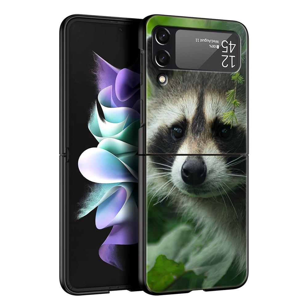 Hard PC Phone Case For Samsung Galaxy Z Flip 7 6 5 4 Black Cover For Galaxy Z Flip 3 Foldable Shockproof Cute Animal Raccoon Bag