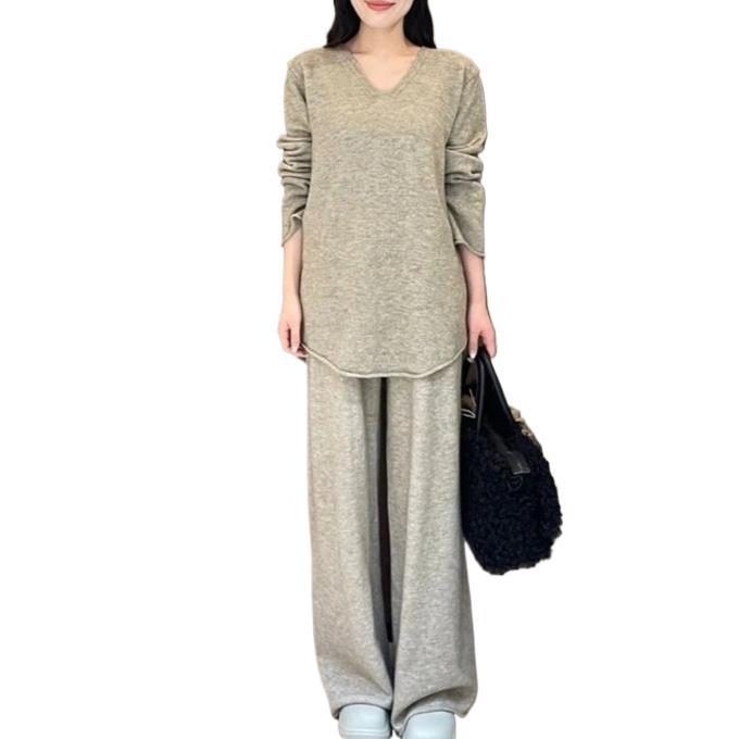 Schickes V-Ausschnitt Pullover & Weite Hosen Zweiteiler Set für Damen - 2025 Herbst/Winter Mode Strickware