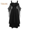 Women Cosplay Dress Gothic Style Witch Halloween Party Costume Lace-up Strap Collarless Color Matching Long Horn Sleeves A-line Performance Dress