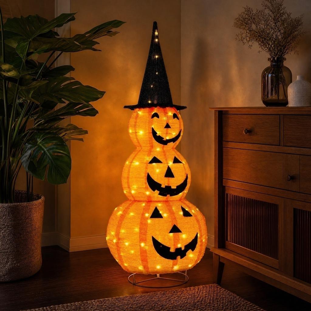 Stackable Glowing Pumpkin Lights Halloween Decorations with Witch Hat, Foldable String Lights for Indoor Outdoor Yard Fall Display
