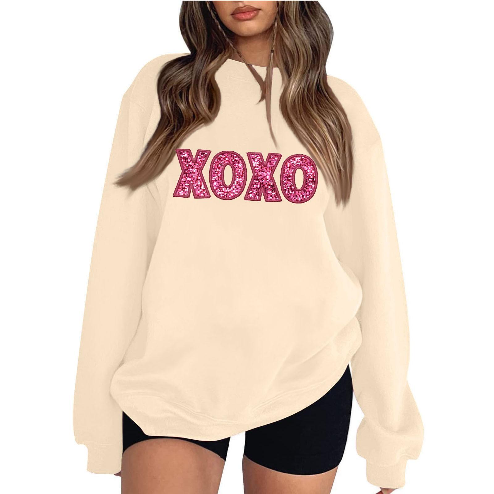 

Женская модная свободная толстовка с длинным рукавом и круглым вырезом с принтом ко Дню святого Валентина XXL бежевый