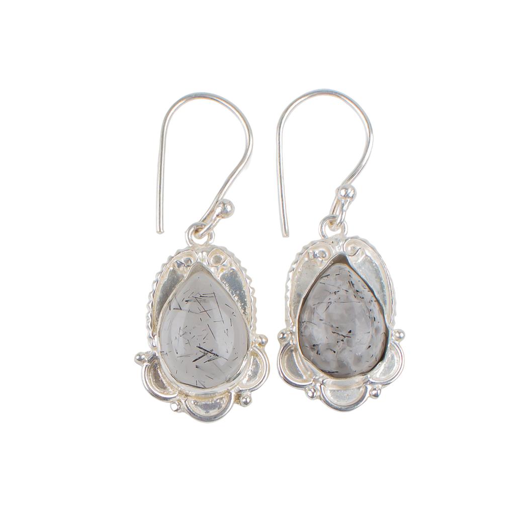 Natural Black Rutile Gemstone 925 Sterling Silver Elegant Jewelry Earrings 1.50" EE-41-23