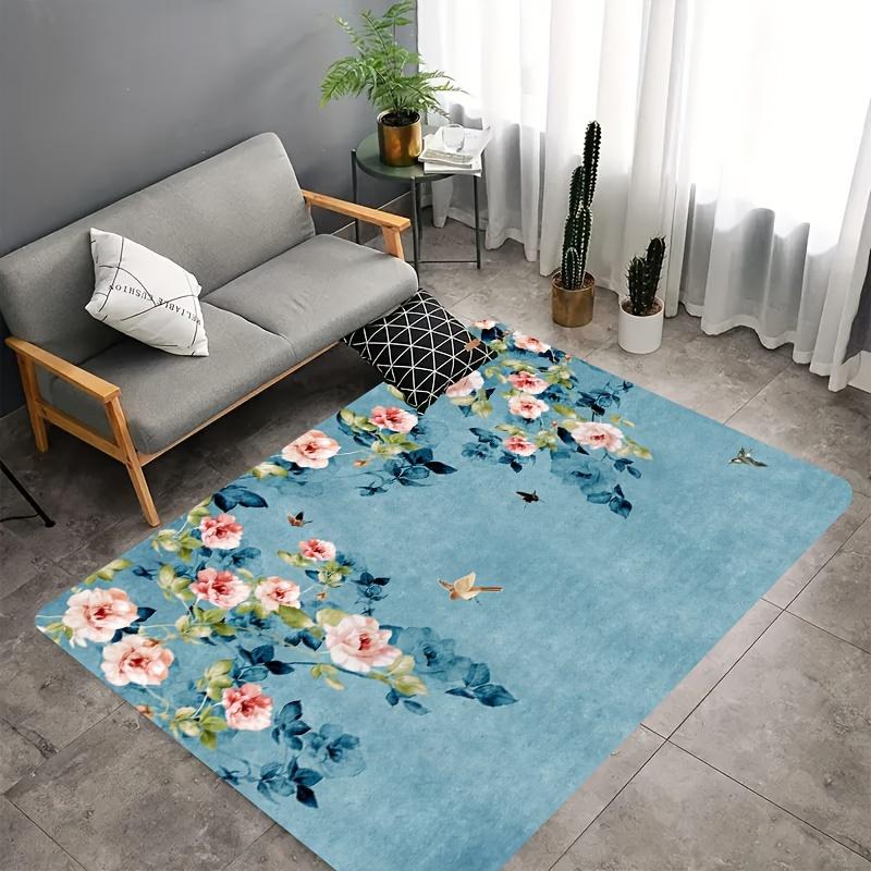 Chic Teal And Pink Rose Rug With Bird And Butterfly Pattern - Quick Drying, Machine Washable, Suitable For Living Room, Bedroom