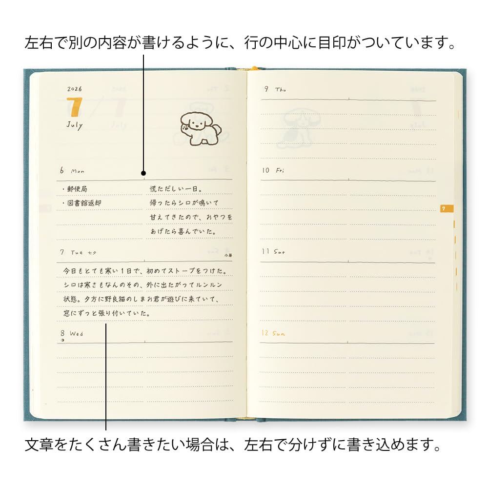 Midori Book-Style Diary, 2026, B6 Weekly, Dog Print, Blue-Green, 22380006 (Starts January 2026)