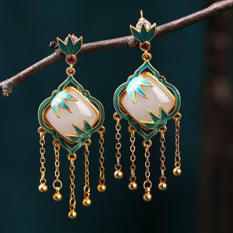 Gold Plated Imitation Jade Earrings For Women, Exquisite Long Style, Niche Design, Antique Style Jewelry Gift