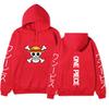 One Piece Straw Hat Jolly Roger Hoodie, Japanese Letter Sleeve Print Pullover Sweatshirt Unisex Casual Streetwear