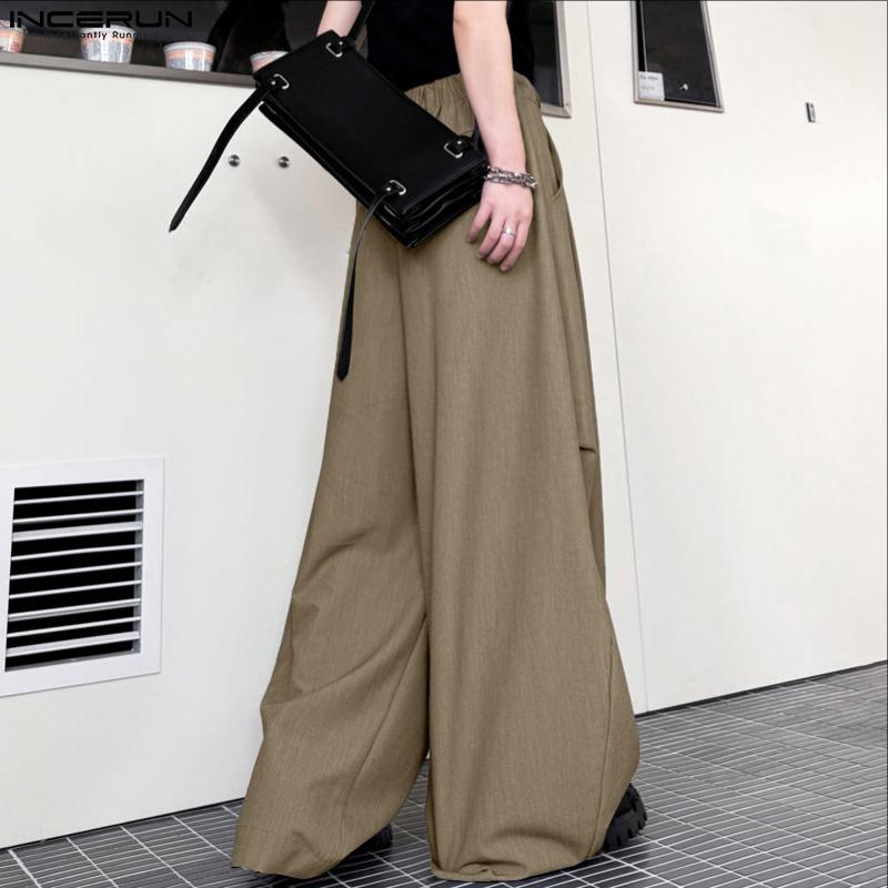 INCERUN Herren Elastischer Bund hinten Rüschen Lässige Lange Weitbein Hose mit Taschen