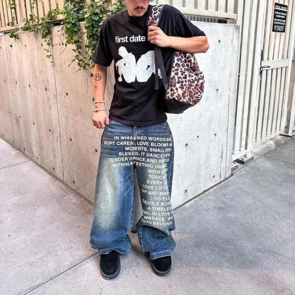 ZYLLO Vintage Letter Print Women Man Jeans Y2k Harajuku Washed Wide Leg American Style Denim Pants Baggy Hip Hop Streetwear