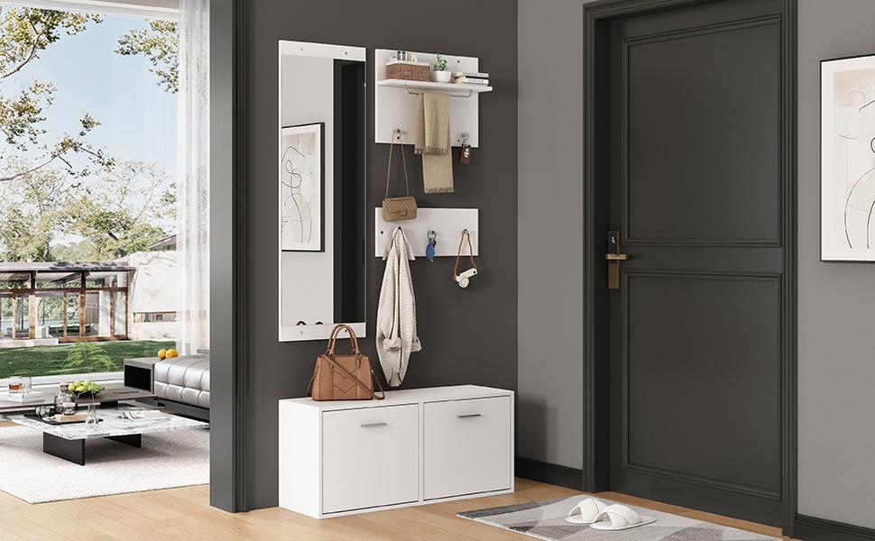 90*30*41.5cm 4-Piece Coat Rack Set with Mirror, 2 Hat Shelves and Shoe Cabinet, Compact Coat Rack with 6 Coat Hooks, White