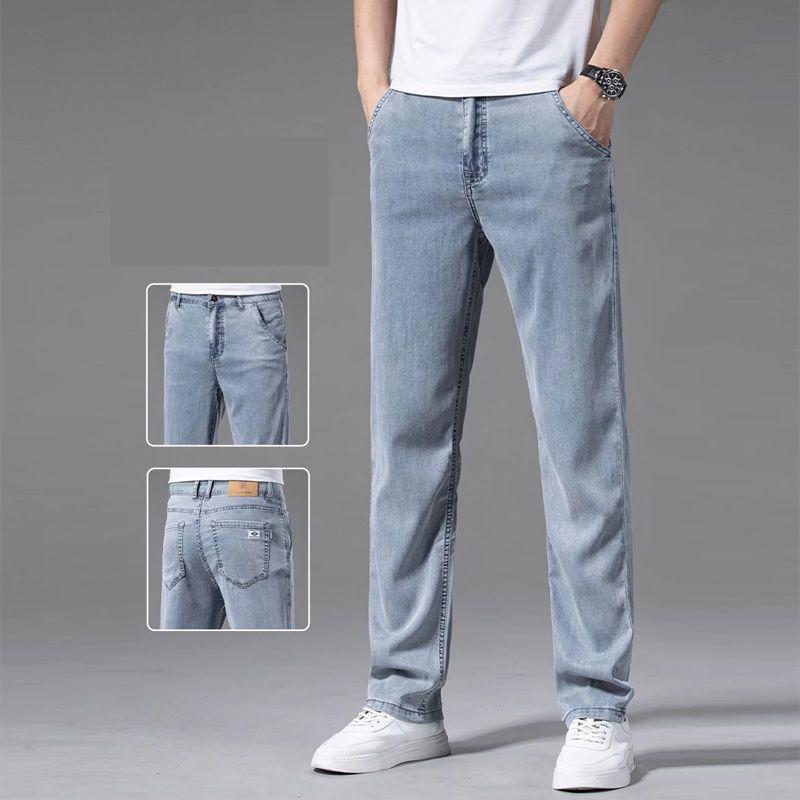 Letní ultratenké pánské džíny Lyocell Měkké Prodyšné Volné Rovné Světle modré Džínové kalhoty Business Casual Kalhoty z ledového hedvábí