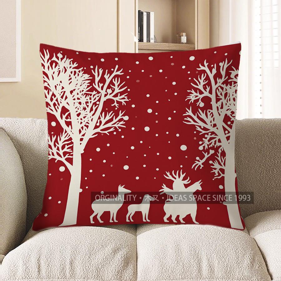 Home Decor Christmas Red Pillow with Deer and Snowflakes Pattern Cushion Cover Suitable for Sofa Bedroom Car Pillow Cover