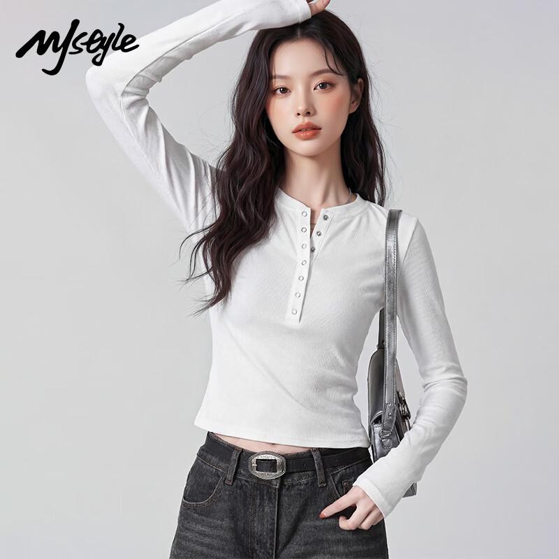 MJ STYLE Ribbed Half-Collar Long Sleeve T-Shirt L