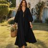 Comfortable Women Dress Women's Deep V Neck Maxi Dress, Puff 3/4 Sleeve Elegant Casual A-Line Flowy Loose Boho Beach Sundress Versatile
