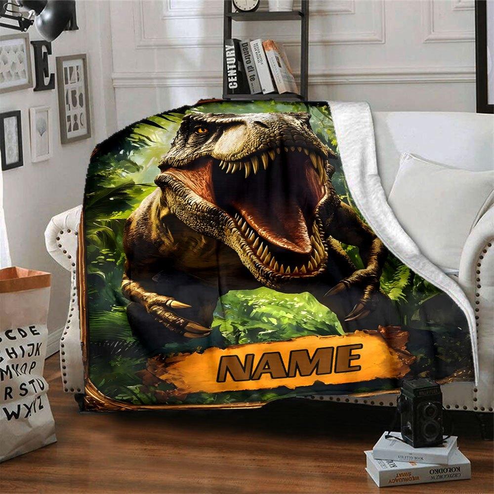 Tyrannosaurus Rex In A Lush Jungle Setting With An Open Mouth And Sharp Teeth Throw Customizable Blanket Personalized Text Warmthful Decor Versatile