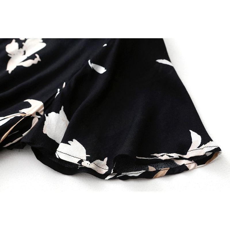 Foreign Trade Original Order Export Noil Poplin Dress Elegant V-neck Waist-Controlled Slimming Print Artificial Cotton Skirt Summer Women's Clothing