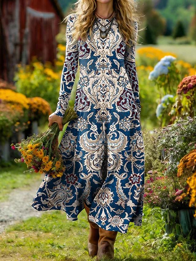 Women's Mid-Length Bohemian Retro Print A-line Dress for Holidays