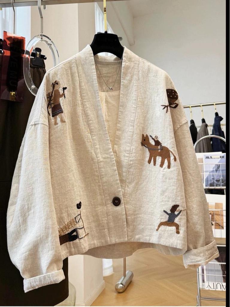 Herbstkollektion 2025: Exquisite bestickte V-Ausschnitt Retro Baumwollleinenjacke für Damen