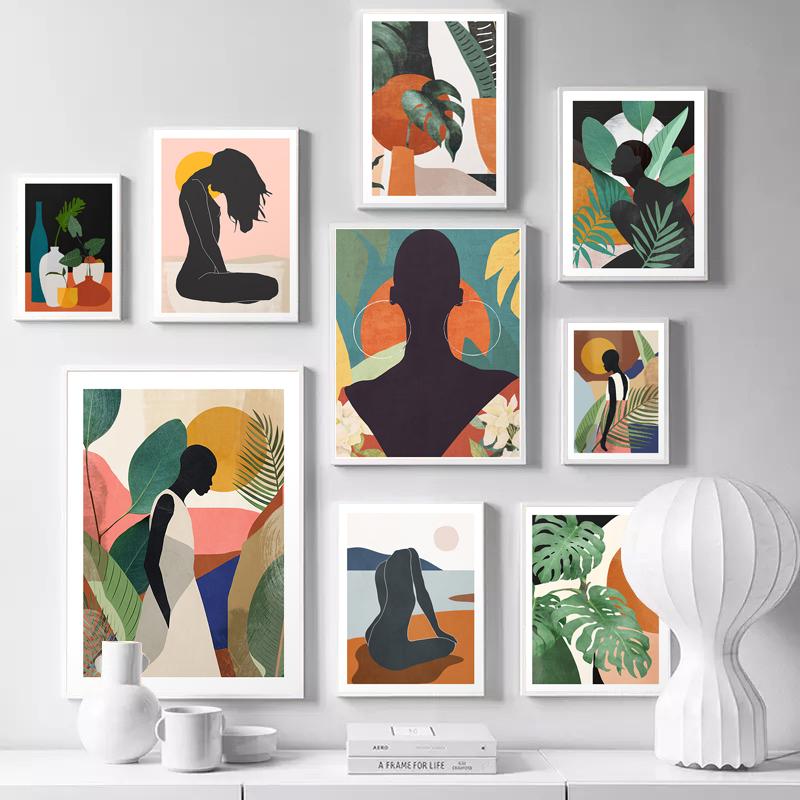 Abstract Nude Girl African Woman Monstera Leaves Poster Nordic Canvas Painting Wall Art Pictures Living Room Home Decor Modern