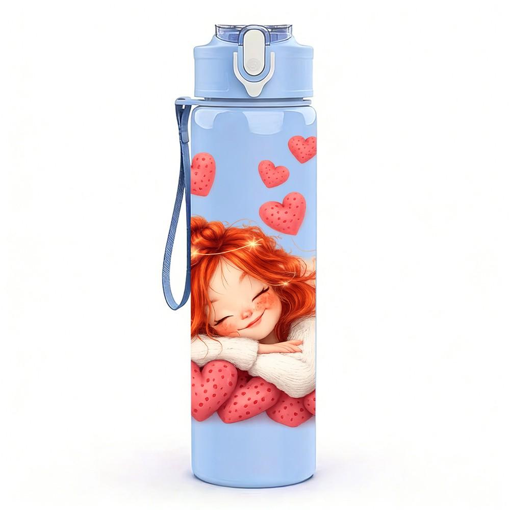 1PC Little Girl Lying With Floating Hearts Print 750ml Color Plastic Sports Water Bottle Leakproof Flip Straw Lid Suitable for Sports Office Home Use