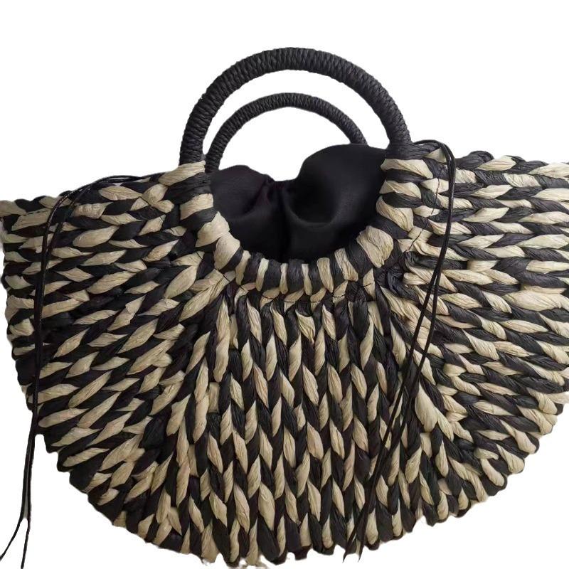 Fashionable Pastoral Style Round Straw Handbag - Colorblock Half-Moon Design for Women