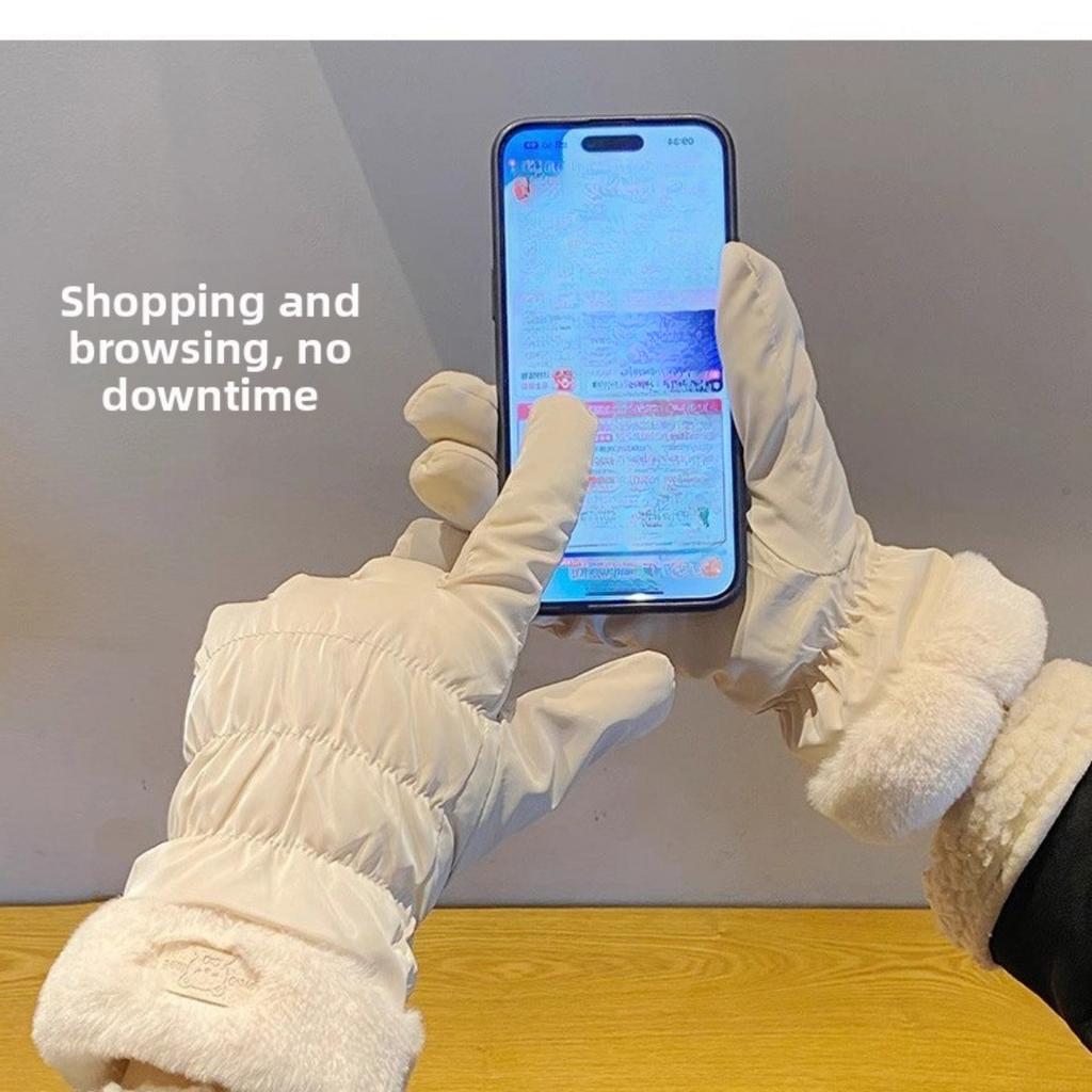 Winter Warm Gloves Touch Screen Women's Thick Cotton Down Riding Cute and Windproof Skiing Gloves with Velvet
