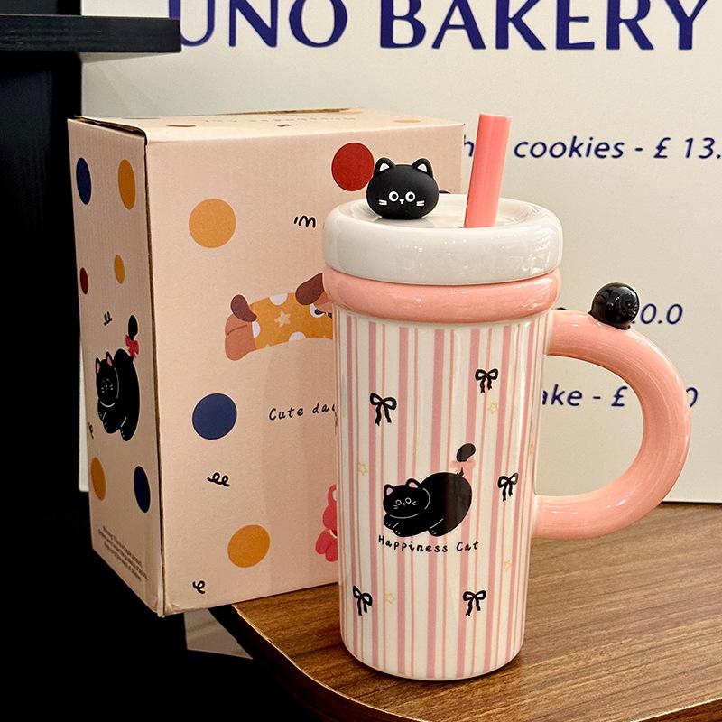 Cartoon Straw Cup Large Capacity Ceramic Drinking Cup with Lid Cute Animal Breakfast Milk Cup Souvenir