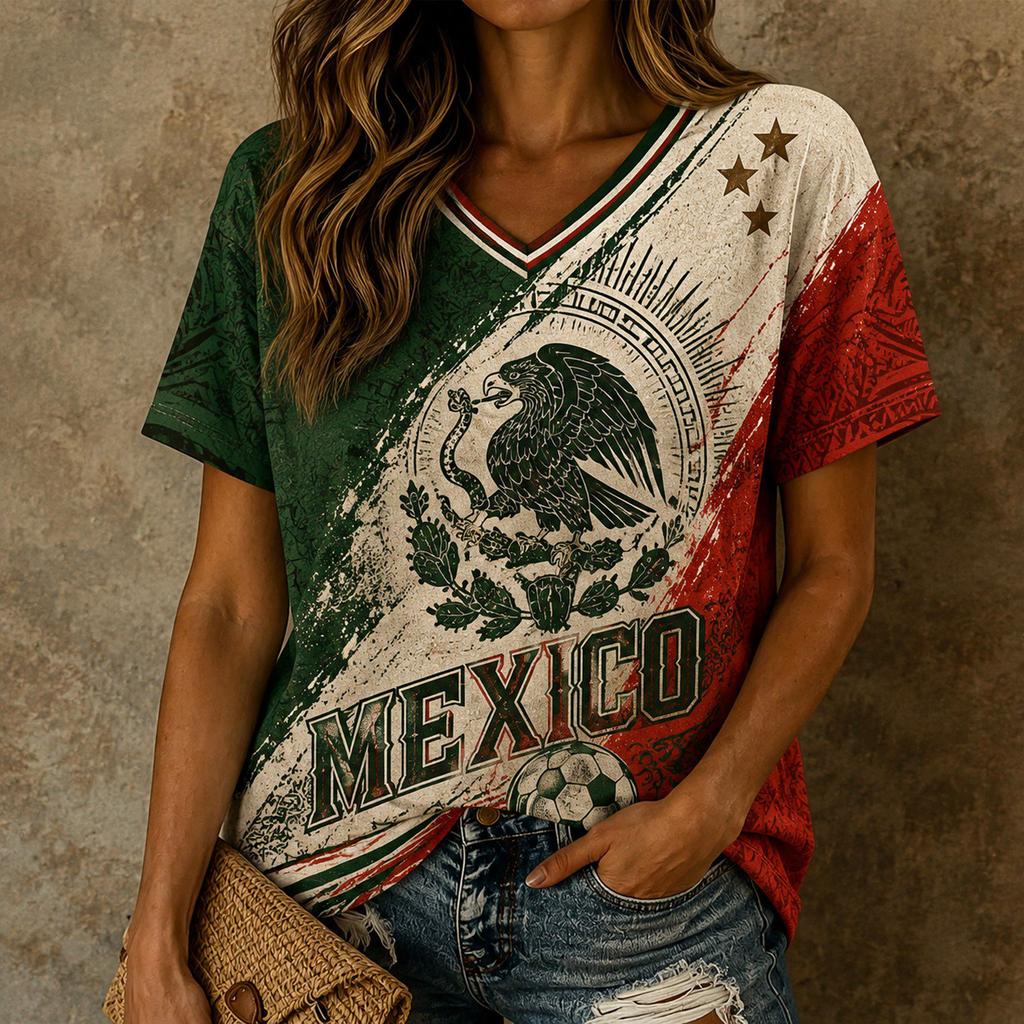 T-shirt à manches courtes et col en V pour femme avec imprimé graphique de football, coupe décontractée ample, haut pour un usage quotidien