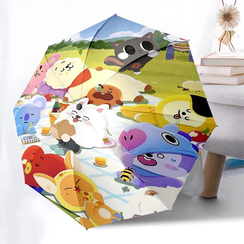 1pc Outdoor Umbrella with BT21 Characters - Automatic Opening/Closing, Portable 3-Fold Design, 8-Rib Iron Frame - Perfect Gift for Fans, Traveler