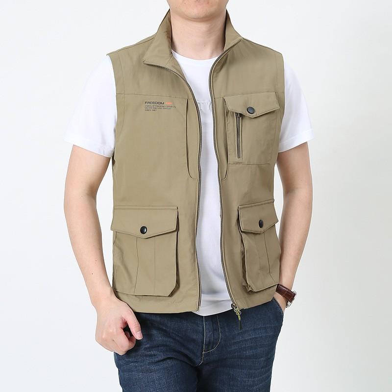 Spring and Autumn New Jacket Men's Vest Multi-Pocket Men's Thin Vest Stand Collar Fishing Casual Vest Large Size
