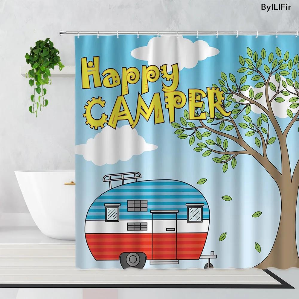 Forest Camping Poster Shower Curtain Camper Car Woods Bathroom Bath Decors Outdoor Landscape Backdrop Cloth 3D Room Curtains Set