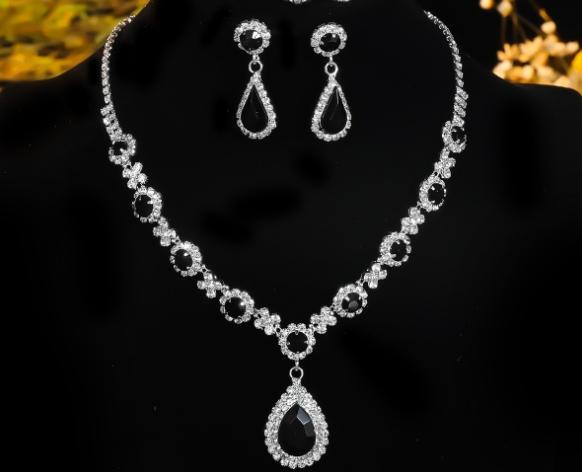 Set Earrings Necklace Wedding Silver Elegant Black Zircons B26