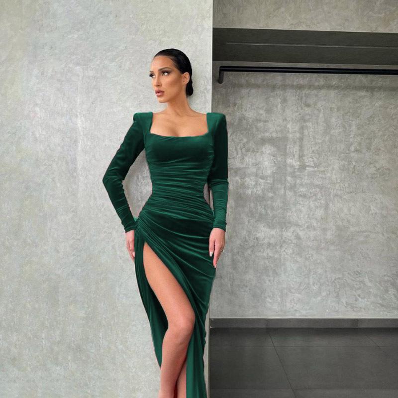 Nuovo Vestito da Donna Elegante Sexy Scollo Quadrato Arricciato Vita Alta Bodycon Spacco Temperamento Sexy Scollo Quadrato Retrattile Vestitino