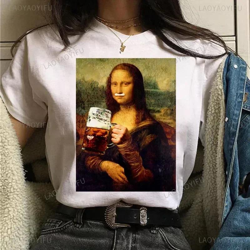 Vintage Humor Mona Lisa Print Women Fashion Top Funny Rose Mona Lisa T-Shirt Classic Camise Breathable Short-sleev